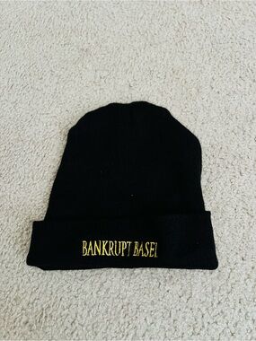 Black Beanie with Yellow "BANKRUPT BASEI" Embroidery